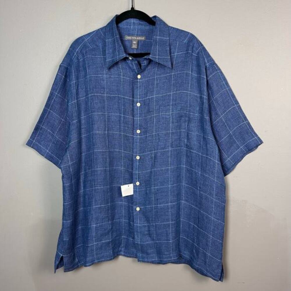 Saks Fifth Ave‎ shirt men's XXL button down short sleeve linen plaid blue camp